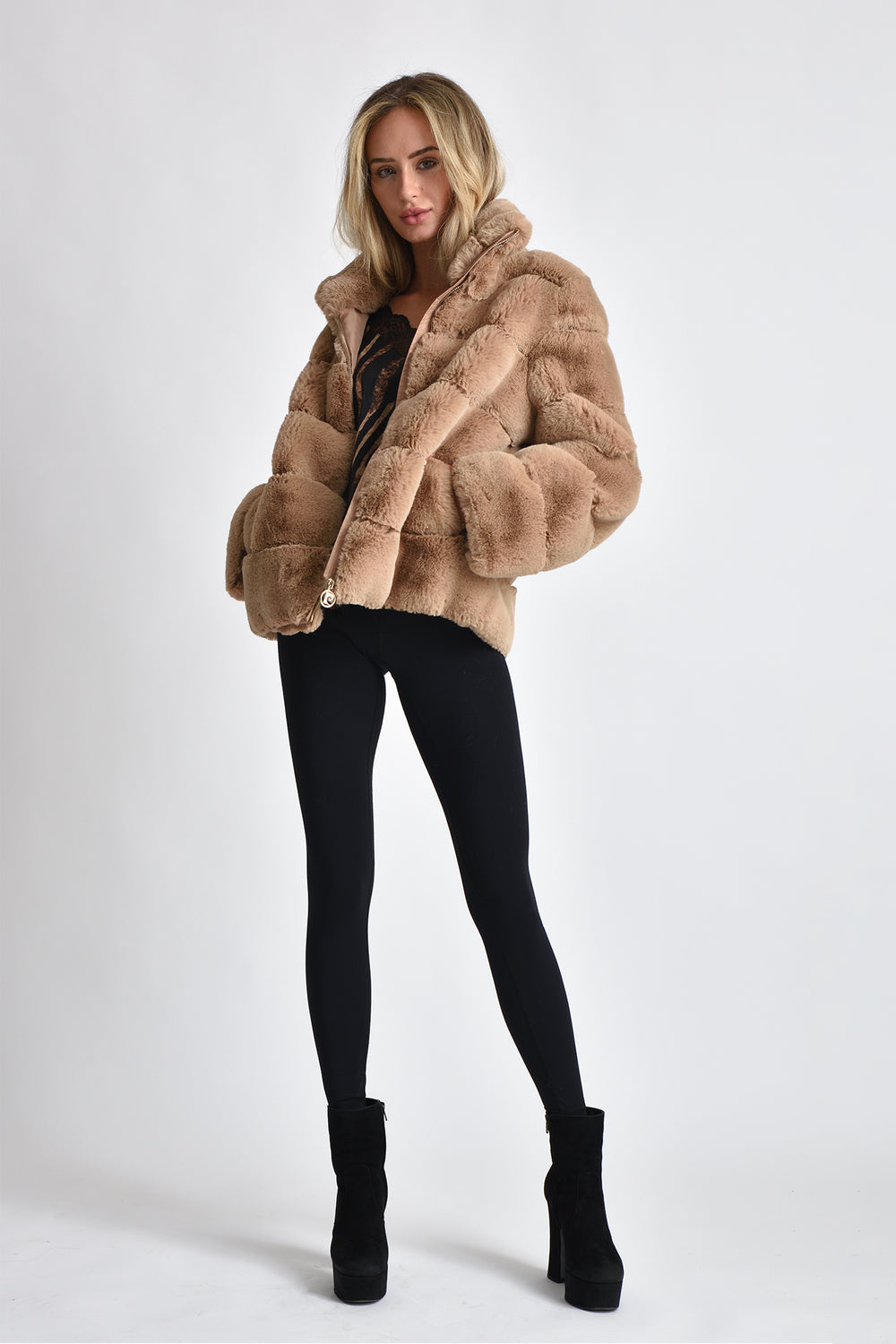 brown puffer faux fur jacket