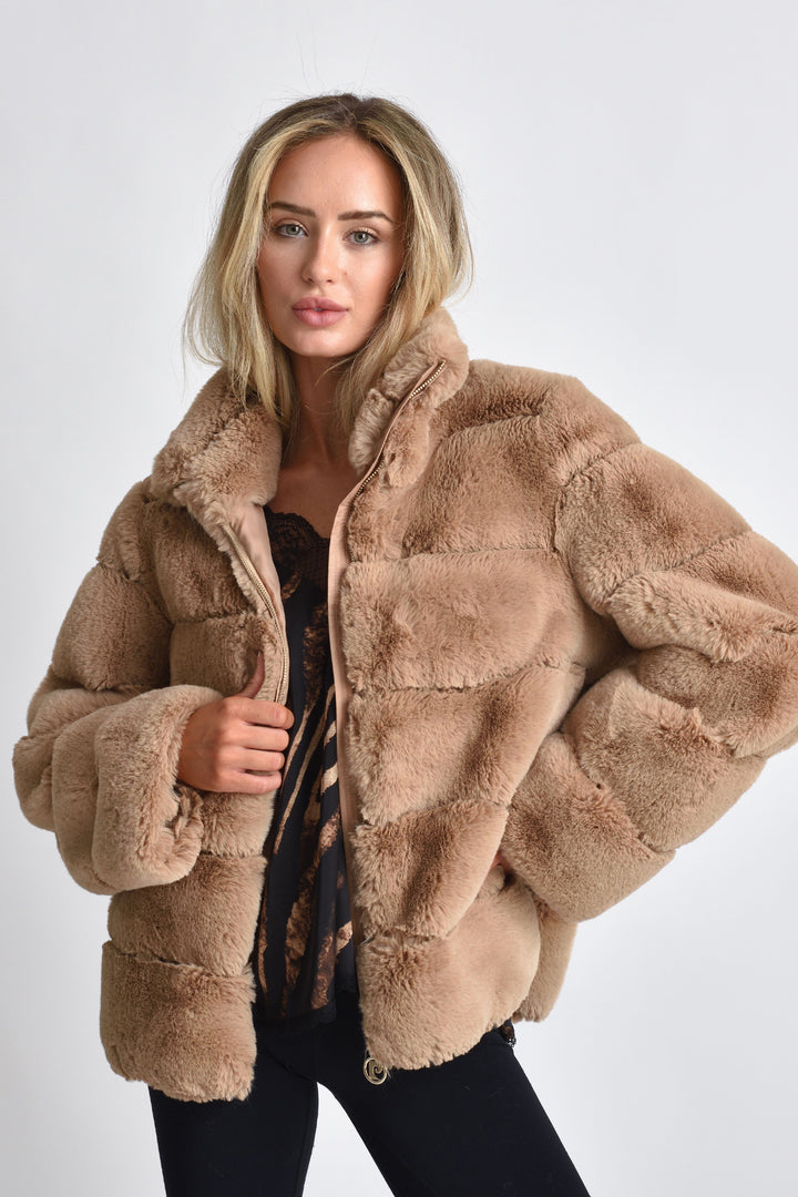 brown puffer faux fur jacket